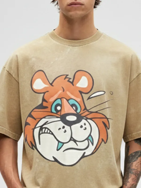 Highlander Men Beige Printed Round Neck Oversized Fit T-Shirt