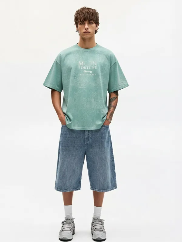 Highlander Men Green Printed Round Neck Oversized Fit T-Shirt