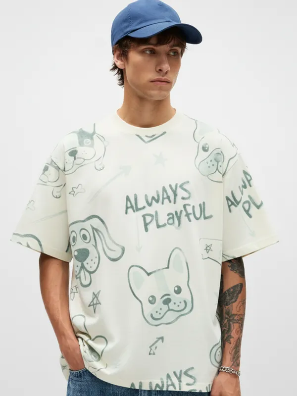 Highlander Men Off White Printed Round Neck Oversized Fit T-Shirt