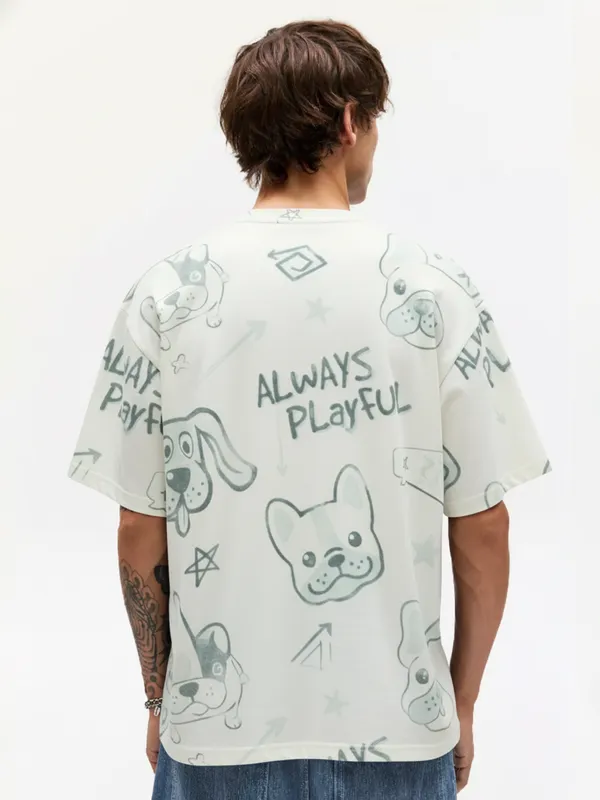 Highlander Men Off White Printed Round Neck Oversized Fit T-Shirt