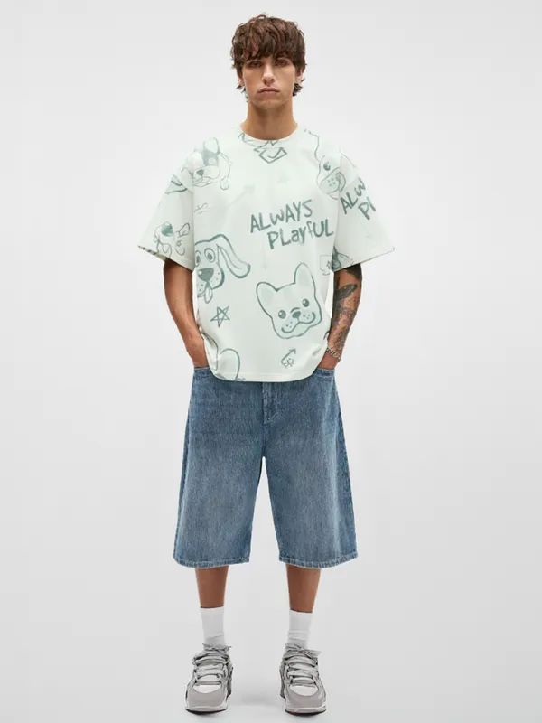 Highlander Men Off White Printed Round Neck Oversized Fit T-Shirt