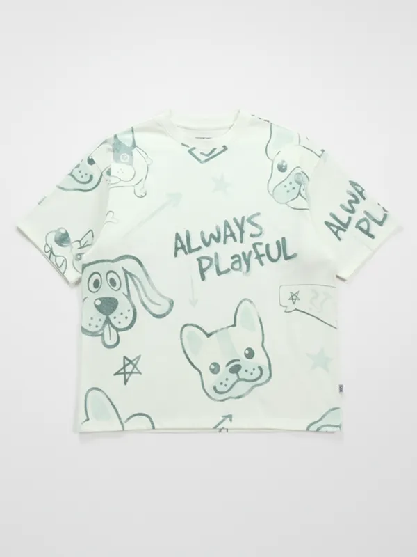 Highlander Men Off White Printed Round Neck Oversized Fit T-Shirt