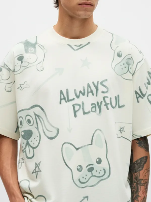 Highlander Men Off White Printed Round Neck Oversized Fit T-Shirt