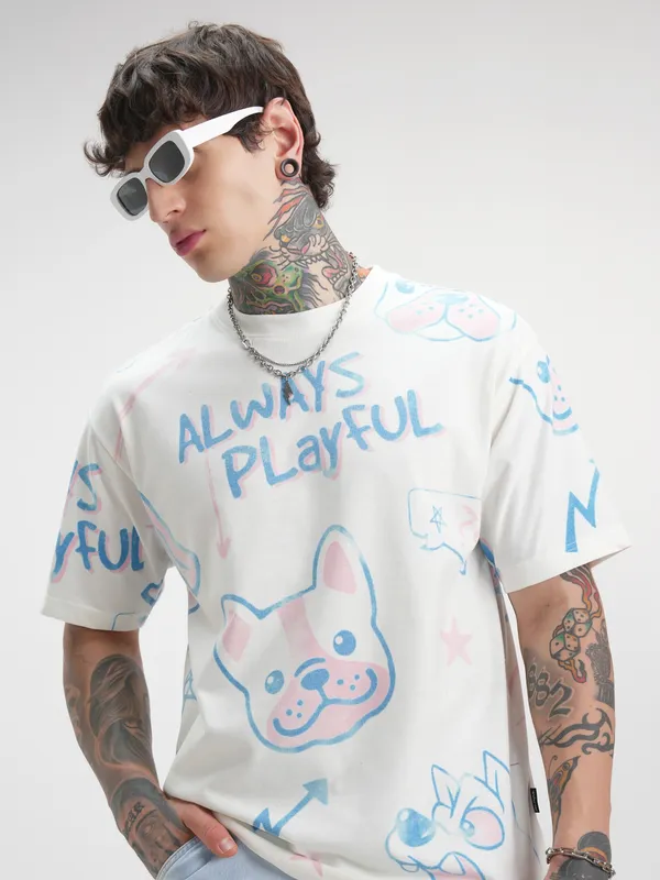 Highlander Men Off White Printed Round Neck Oversized Fit T-Shirt