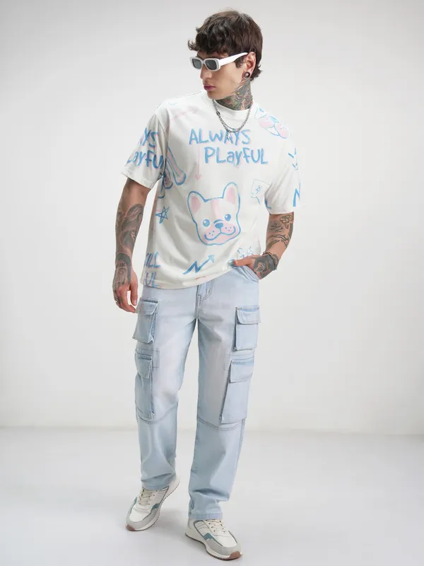 Highlander Men Off White Printed Round Neck Oversized Fit T-Shirt