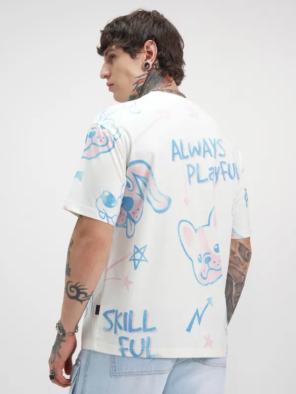Highlander Men Off White Printed Round Neck Oversized Fit T-Shirt