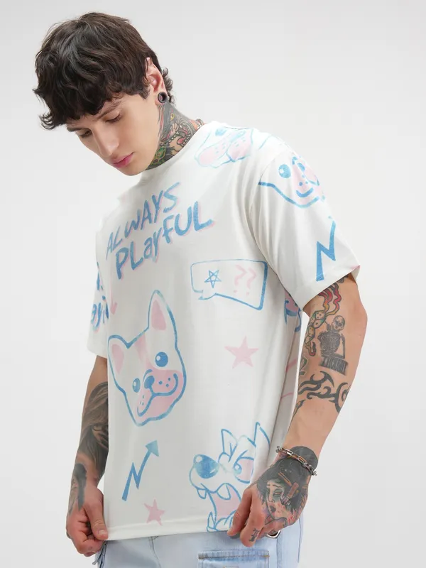 Highlander Men Off White Printed Round Neck Oversized Fit T-Shirt