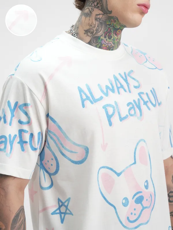 Highlander Men Off White Printed Round Neck Oversized Fit T-Shirt