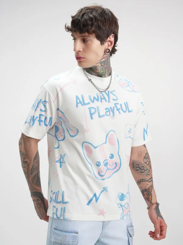 Highlander Men Off White Printed Round Neck Oversized Fit T-Shirt
