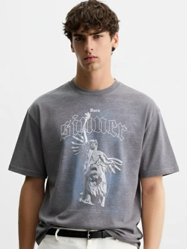 Highlander Men Grey Printed Round Neck T-Shirt