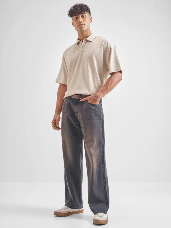 Highlander Men Cream Self Design Polo Collar T-Shirt