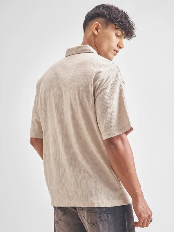 Highlander Men Cream Self Design Polo Collar T-Shirt