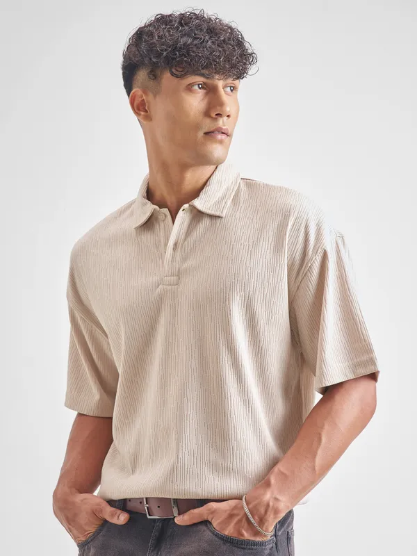 Highlander Men Cream Self Design Polo Collar T-Shirt