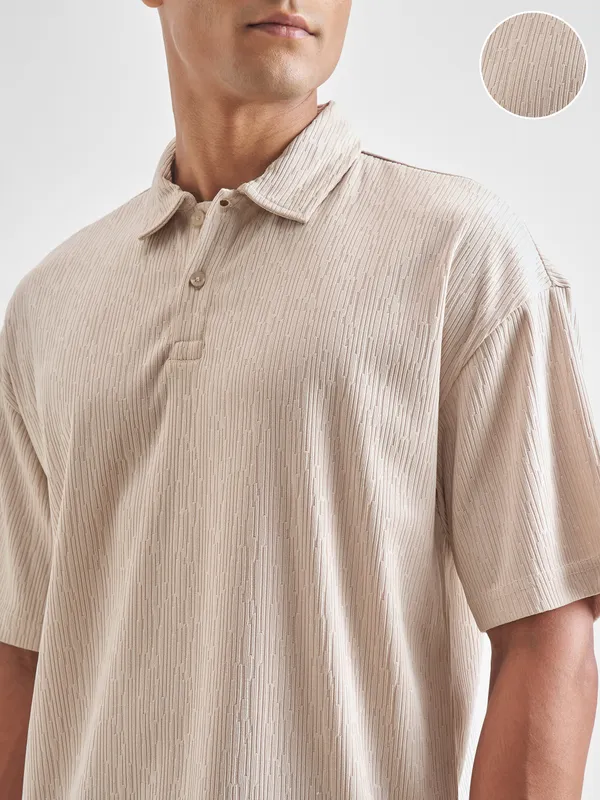 Highlander Men Cream Self Design Polo Collar T-Shirt