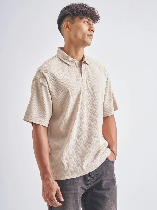 Highlander Men Cream Self Design Polo Collar T-Shirt