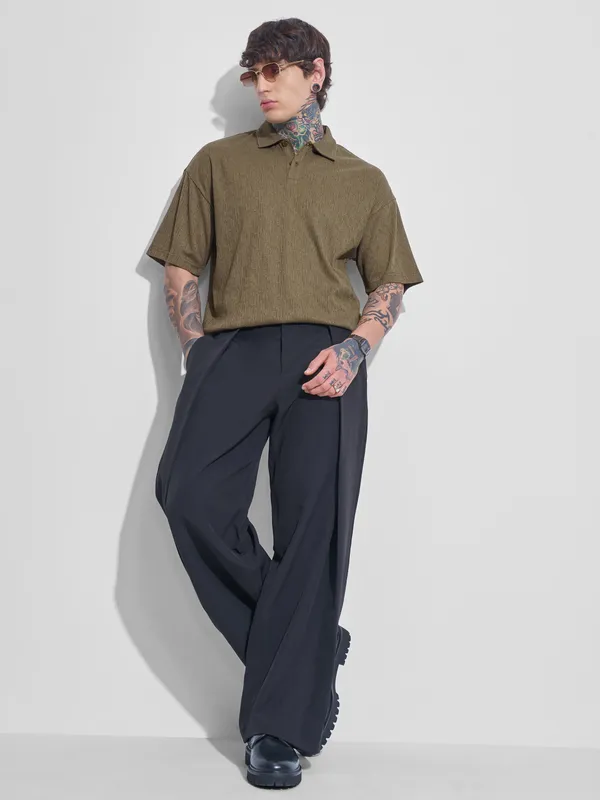 Highlander Men Olive Self Design Polo Collar T-Shirt