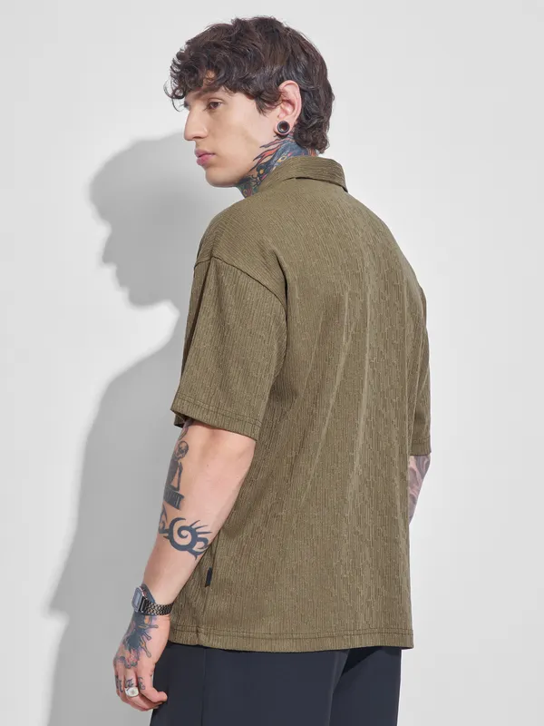 Highlander Men Olive Self Design Polo Collar T-Shirt