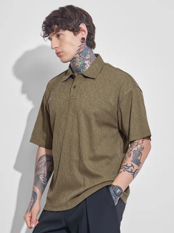 Highlander Men Olive Self Design Polo Collar T-Shirt