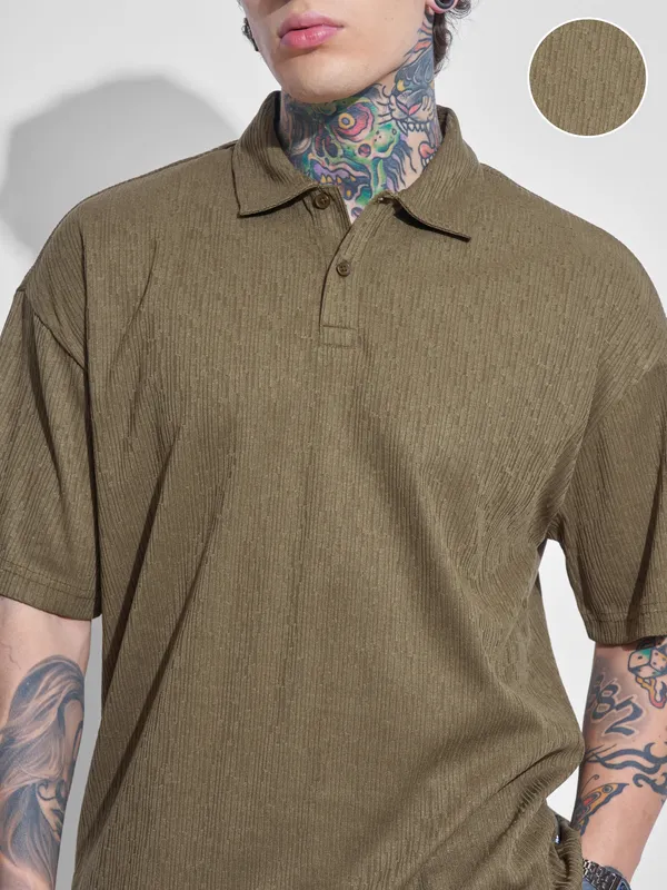 Highlander Men Olive Self Design Polo Collar T-Shirt
