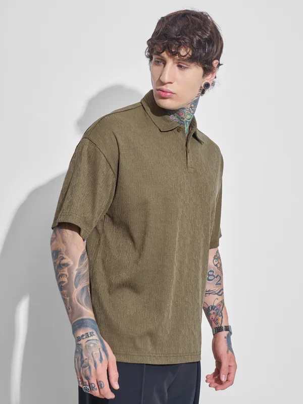 Highlander Men Olive Self Design Polo Collar T-Shirt