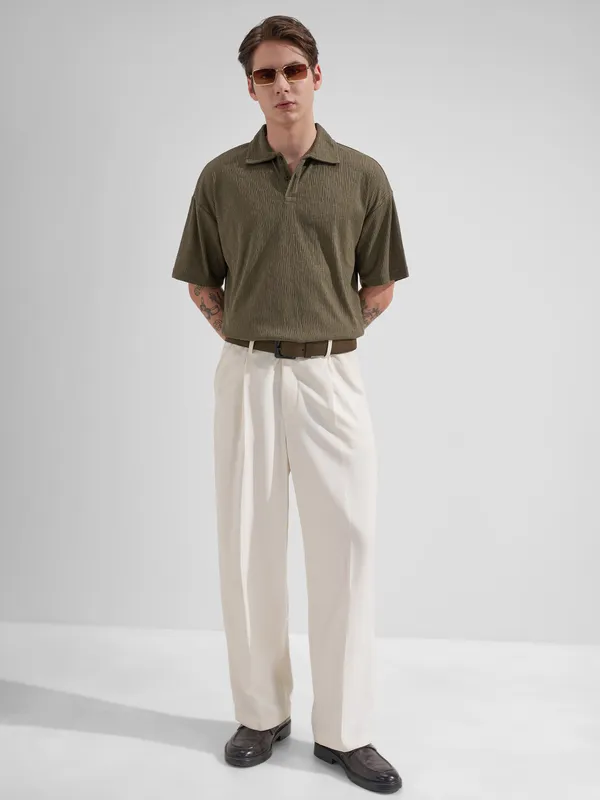 Highlander Men Brown Self Design Polo Collar T-Shirt