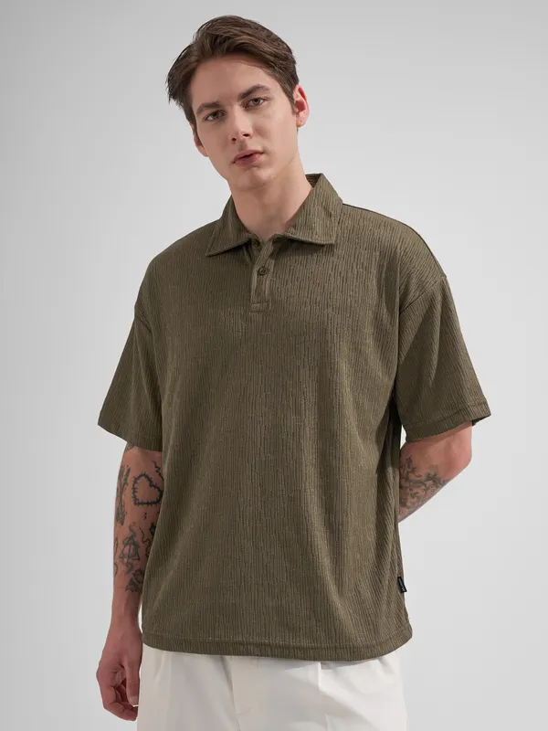 Highlander Men Brown Self Design Polo Collar T-Shirt