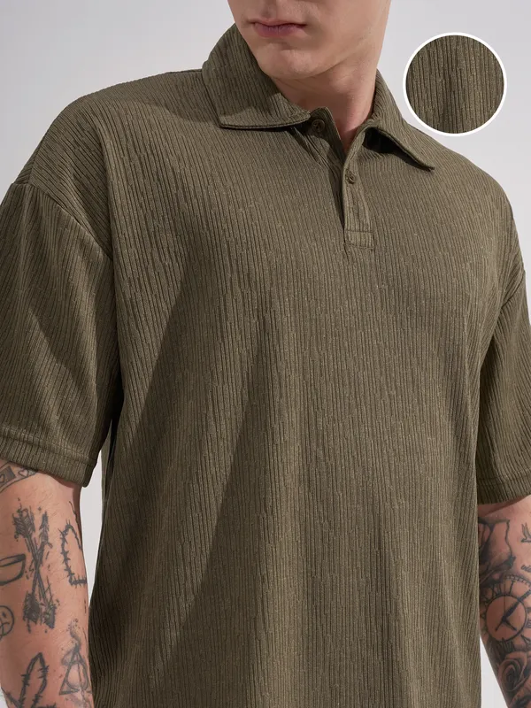 Highlander Men Brown Self Design Polo Collar T-Shirt