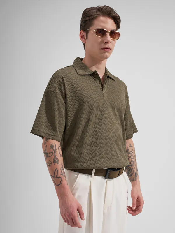 Highlander Men Brown Self Design Polo Collar T-Shirt