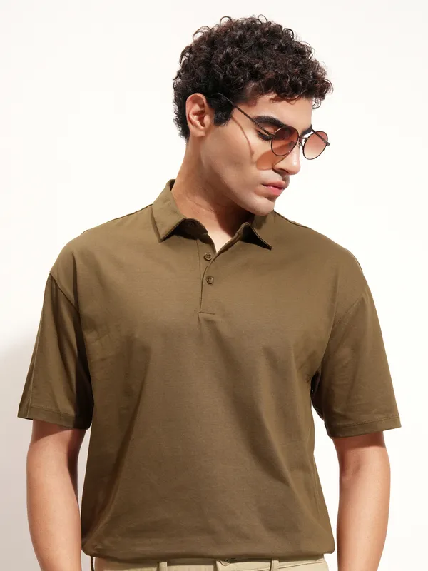 Highlander Men Brown Solid Polo Collar T-Shirt