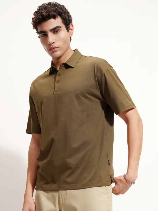Highlander Men Brown Solid Polo Collar T-Shirt
