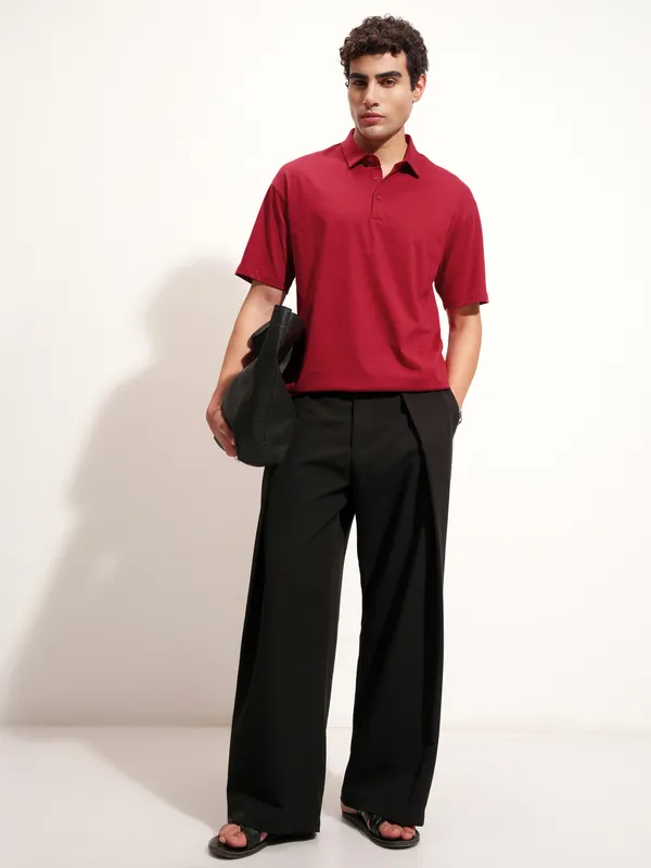 Highlander Men Maroon Solid Polo Collar T-Shirt