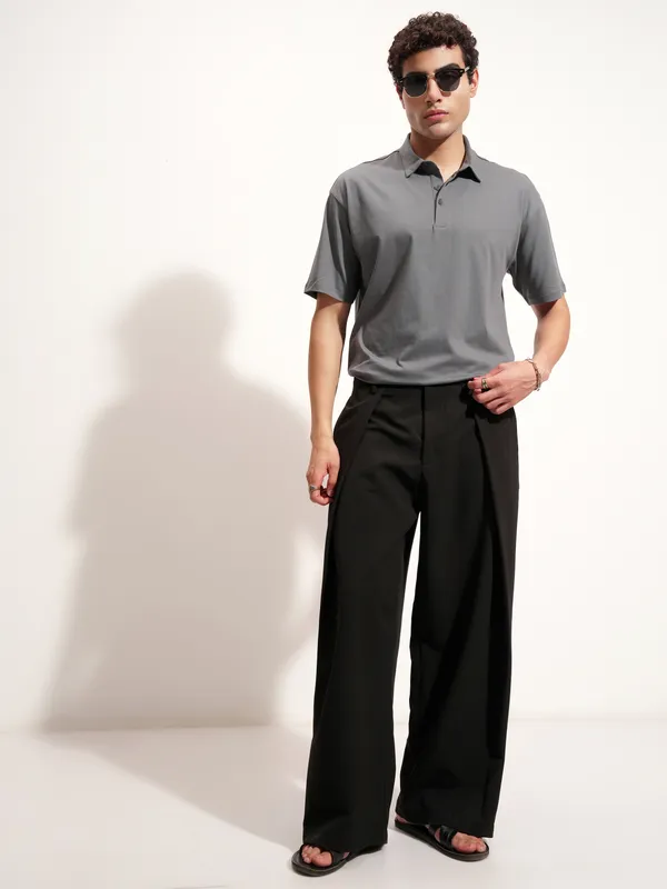 Highlander Men Grey Solid Polo Collar T-Shirt