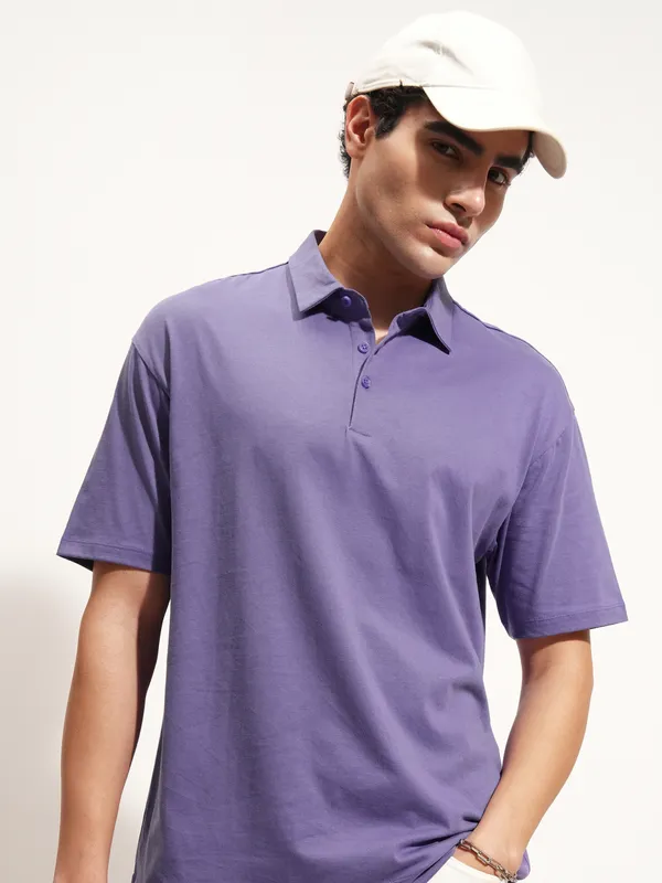 Highlander Men Purple Solid Polo Collar T-Shirt