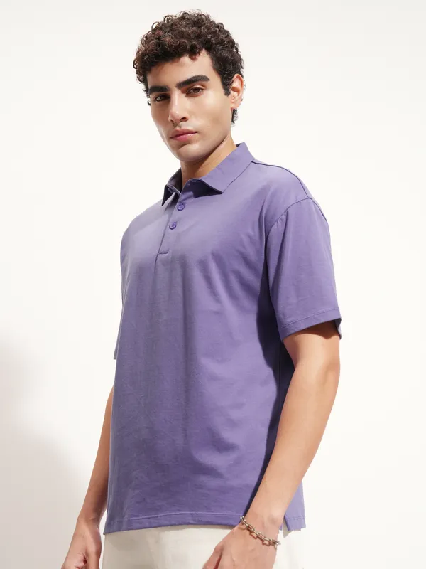 Highlander Men Purple Solid Polo Collar T-Shirt