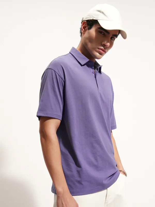 Highlander Men Purple Solid Polo Collar T-Shirt