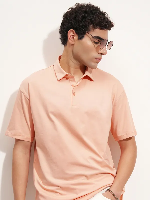 Highlander Men Peach Solid Polo Collar T-Shirt