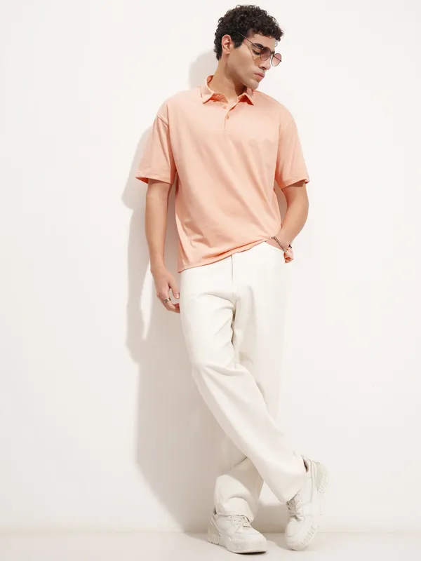 Highlander Men Peach Solid Polo Collar T-Shirt
