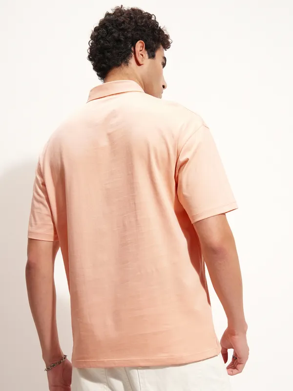 Highlander Men Peach Solid Polo Collar T-Shirt