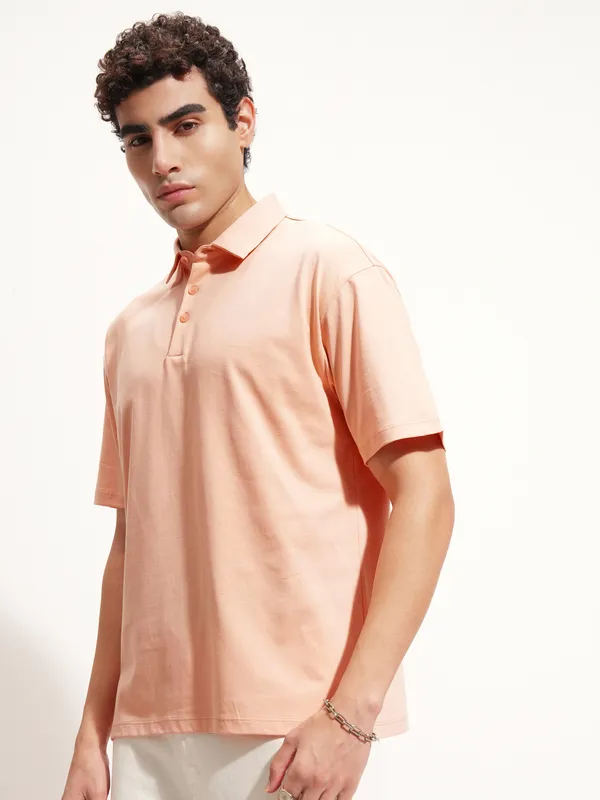Highlander Men Peach Solid Polo Collar T-Shirt