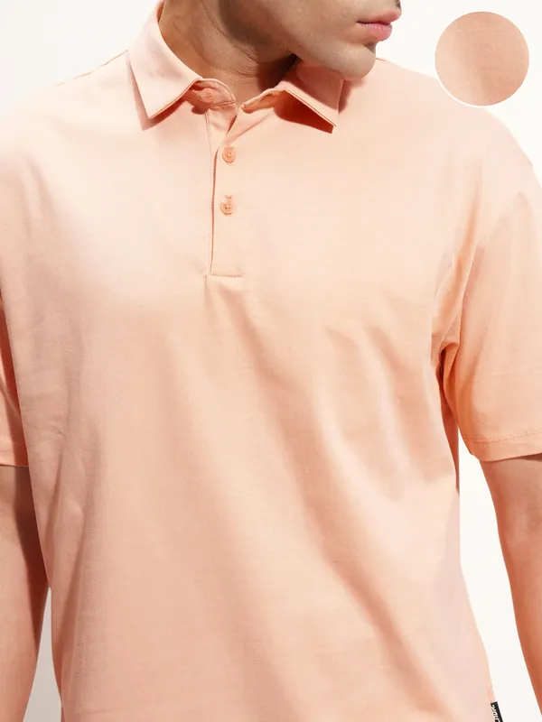 Highlander Men Peach Solid Polo Collar T-Shirt