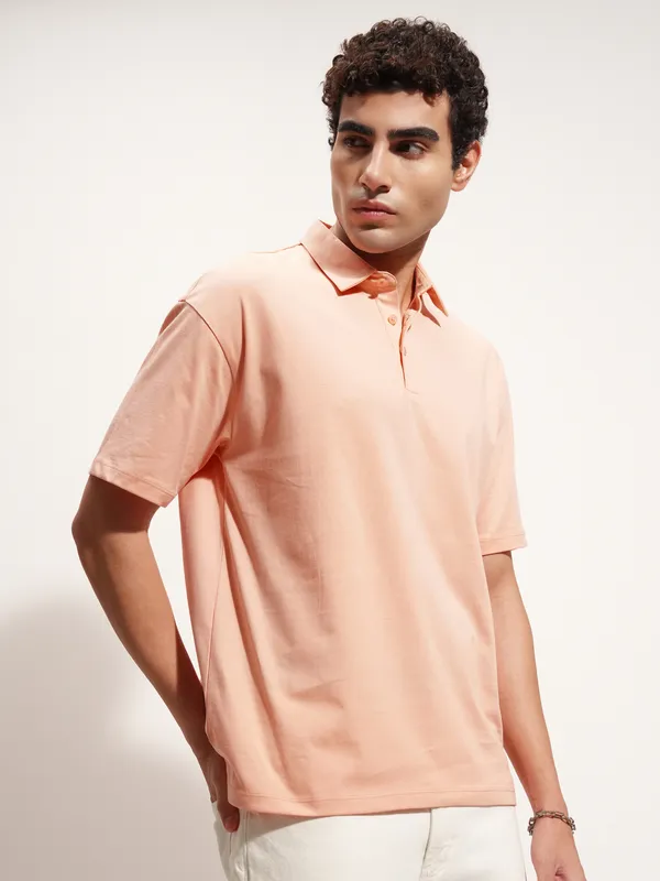 Highlander Men Peach Solid Polo Collar T-Shirt