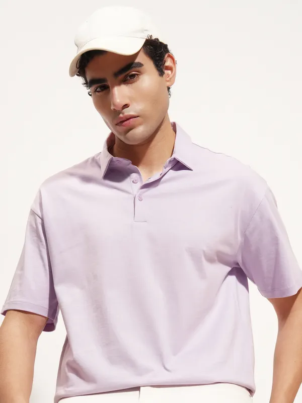 Highlander Men Lavender Solid Polo Collar T-Shirt