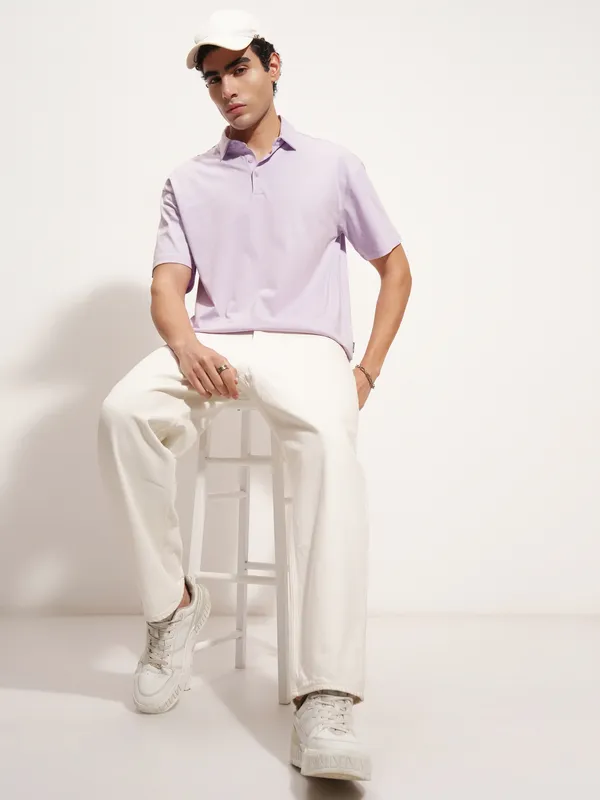 Highlander Men Lavender Solid Polo Collar T-Shirt