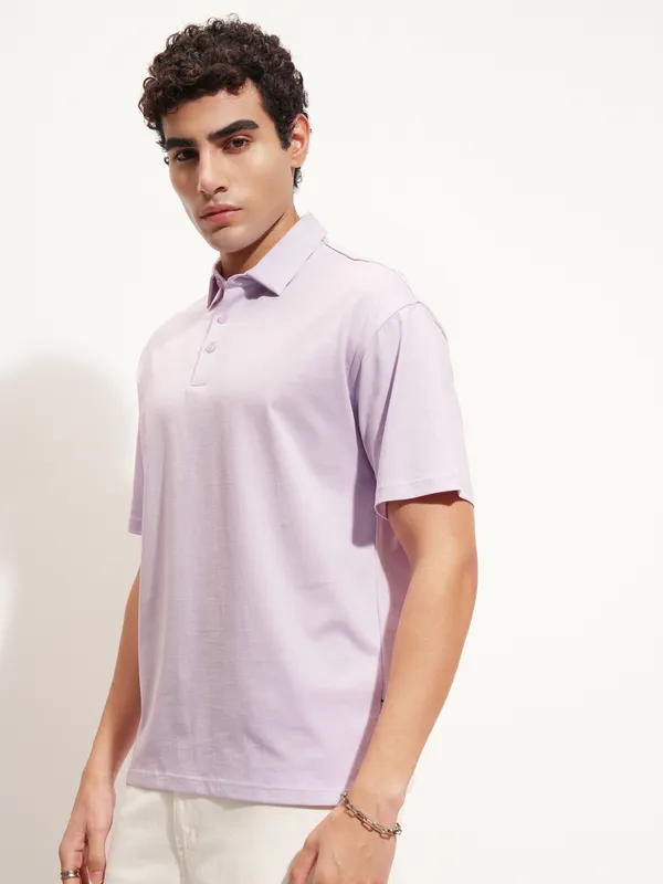 Highlander Men Lavender Solid Polo Collar T-Shirt