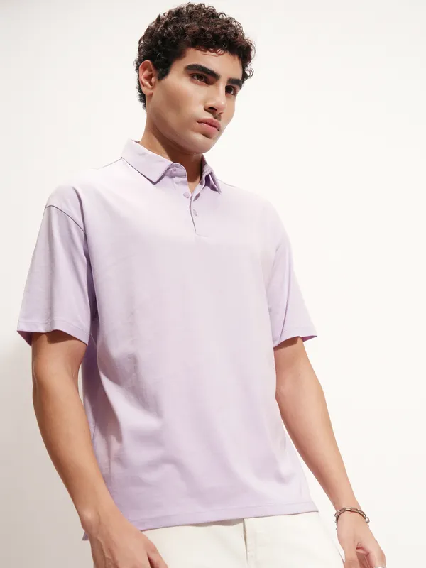 Highlander Men Lavender Solid Polo Collar T-Shirt