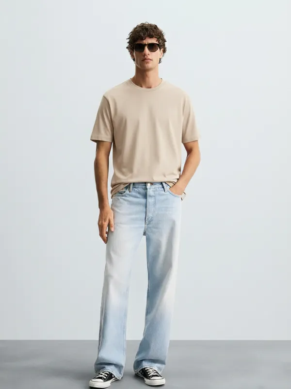 Highlander Men Beige Solid Round Neck T-Shirt