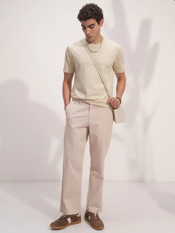 Highlander Men Beige Solid Round Neck T-Shirt