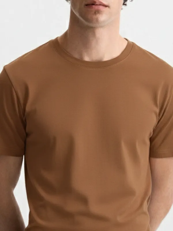 Highlander Men Brown Solid Round Neck T-Shirt