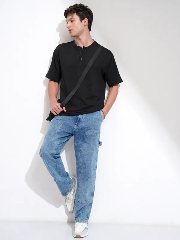 Highlander Men Black Self Design Henley Neck Relaxed Fit T-Shirt