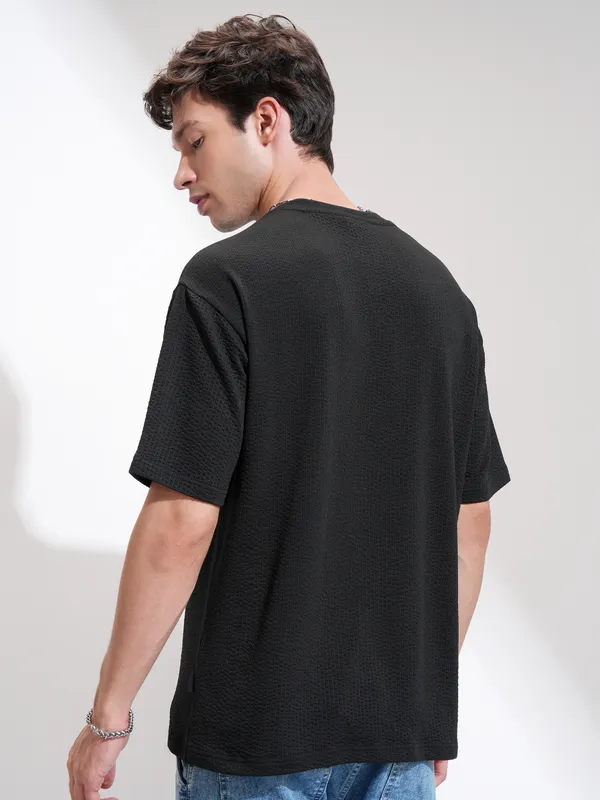 Highlander Men Black Self Design Henley Neck Relaxed Fit T-Shirt